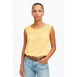 Madewell Boatneck Bubble Hem Tee Women Yellow Cotton Linen Large Top Shirred
